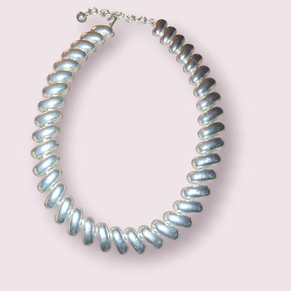 Scalloped Silvertone Statement Geometric Necklace Chunky 80s